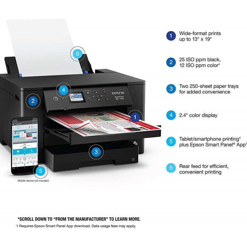 Epson Workforce Pro WF-7310 Wireless Wide-Format Printer with Print up to 13″ x 19″, Auto 2-Sided Printing up to 11″ x 17″, 500-sheet Capacity, 2.4″ Color Display, Smart Panel App