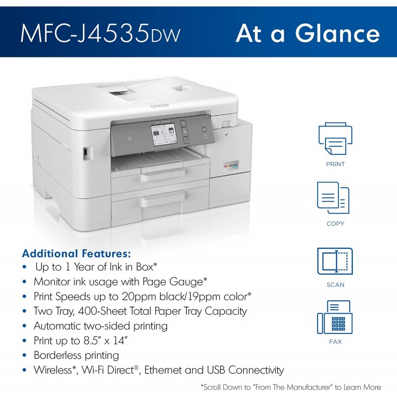 Brother MFC-J4535DW INKvestment-Tank All-in-One Color Inkjet Printer with NFC, Duplex and Wireless Printing Plus Up to 1-Year of Ink in-Box